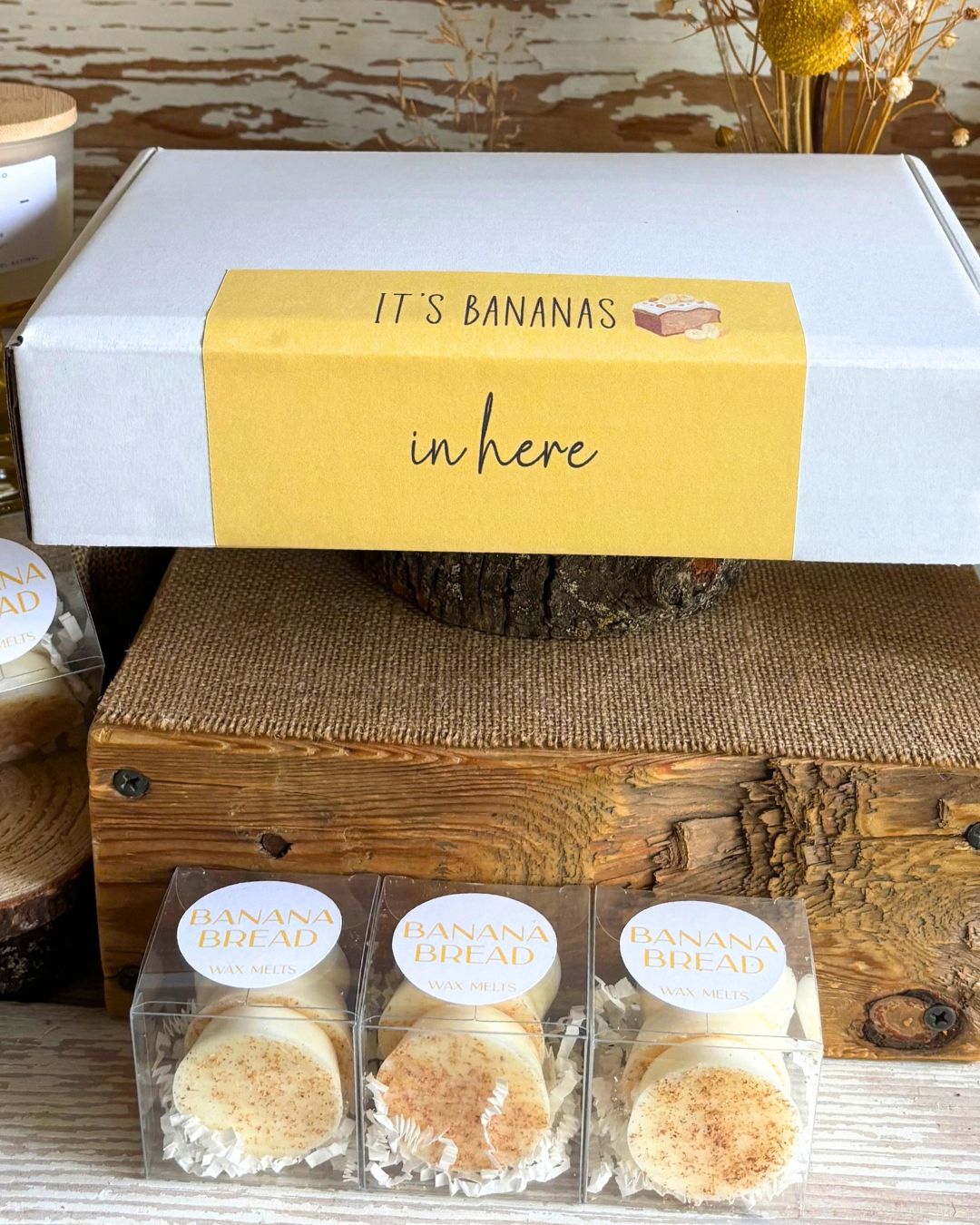 It's Bananas ~ Banana Bread Scented Hand Poured Soy Wax Candle, Wax Melts & Mini Fire Starter Banana Bread Recipe Card Gift Box ~
