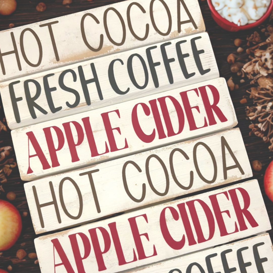 Wooden blocks with text 'HOT COCOA', 'FRESH COFFEE', 'APPLE CIDER' on a rustic background.