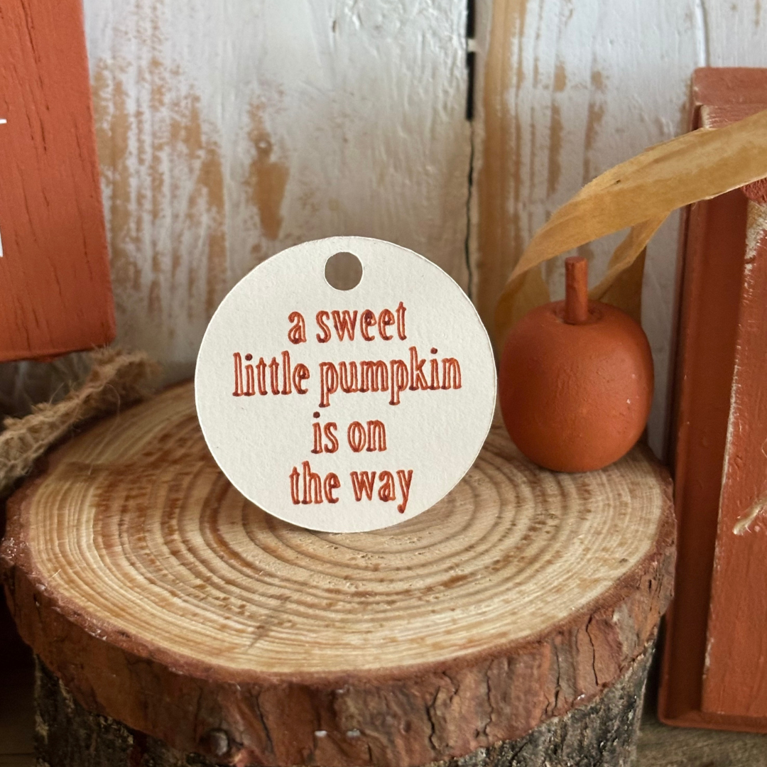 Round sign with 'a sweet little pumpkin is on the way' text on a wooden log with a small pumpkin.