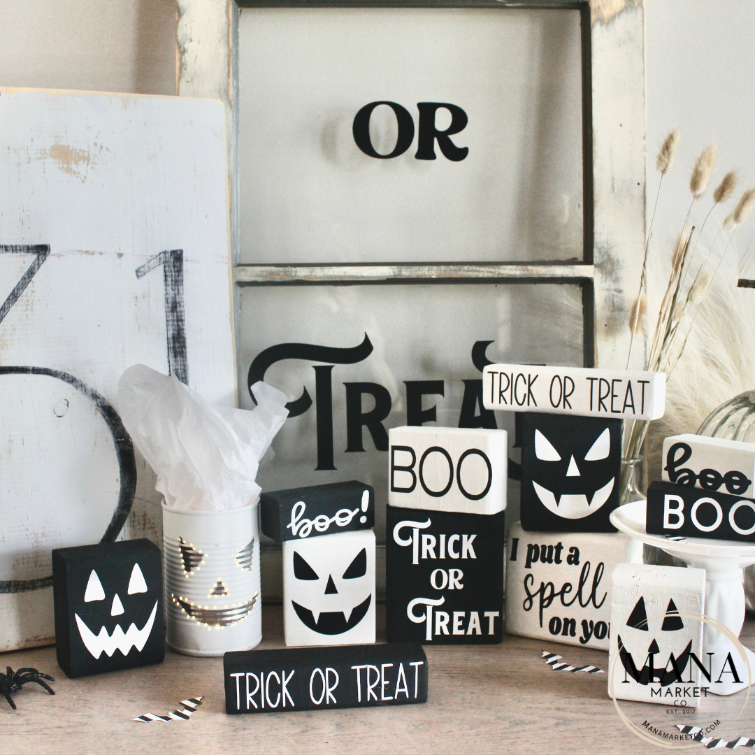 Halloween Wood Signs and Decor For Farmhouse Rustic Halloween Tiered Tray Set Black and White