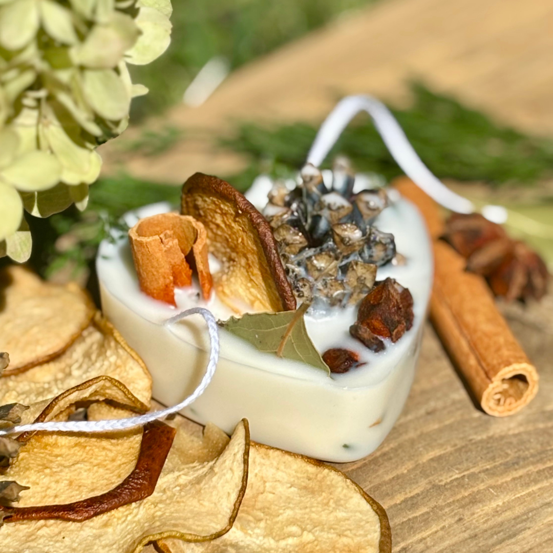 Spiced Pear Fire Starter with scented pine cone, cinnamon, star anise, cloves, bay leaf , dried pears , soy wax and evergreen the perfect holiday gift or rustic wedding favor