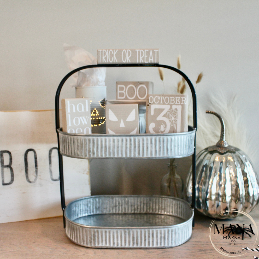 Boho Halloween Signs and Decor For Farmhouse Rustic Halloween Tiered Tray Set Beige Halloween Decor,