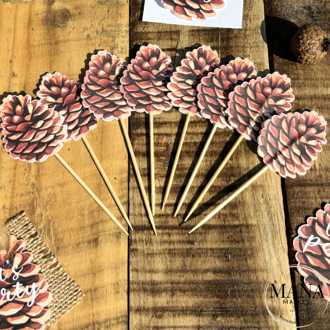 Pinecone Cupcake Toppers for Woodland Theme Celebration Holiday Party Decor Food Picks Cake Topper