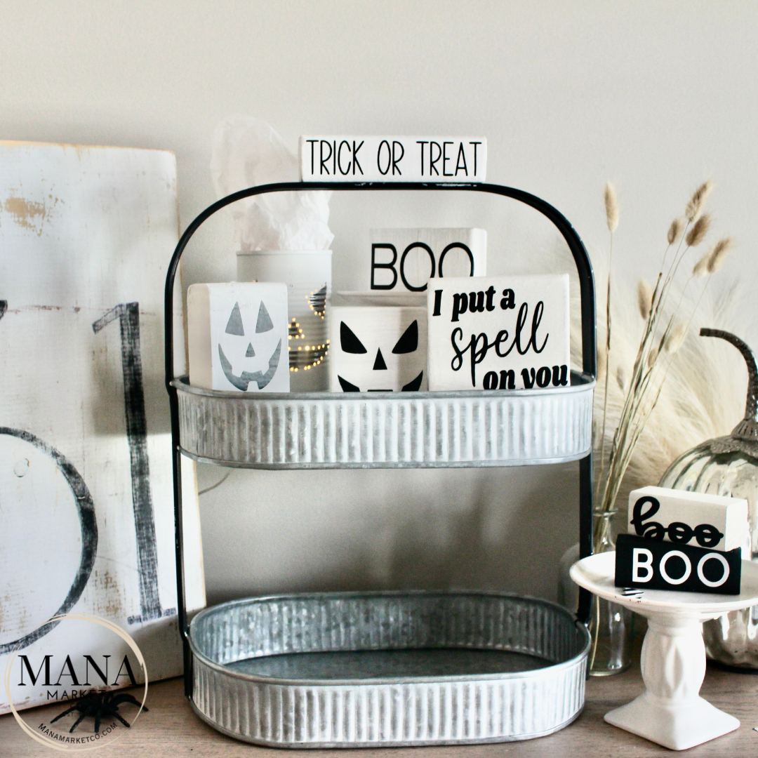 Halloween Wood Signs and Decor For Farmhouse Rustic Halloween Tiered Tray Set Black and White