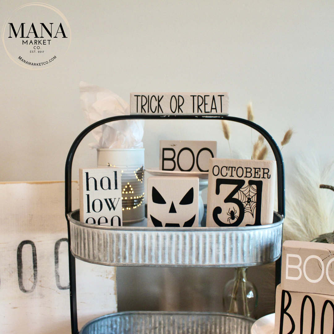 Boho Halloween Signs and Decor For Farmhouse Rustic Halloween Tiered Tray Set Beige Halloween Decor,