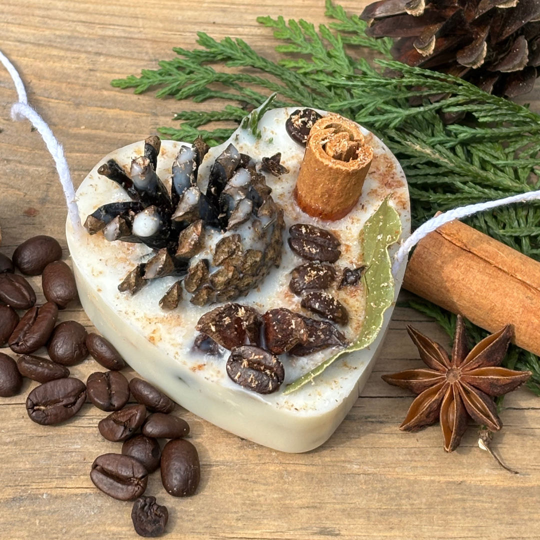 Decorative Fire Starter with coffee beans , cinnamon, star anise, cloves, bay leaves and fresh nutmeg a perfect holiday gift or favor for coffee lovers
