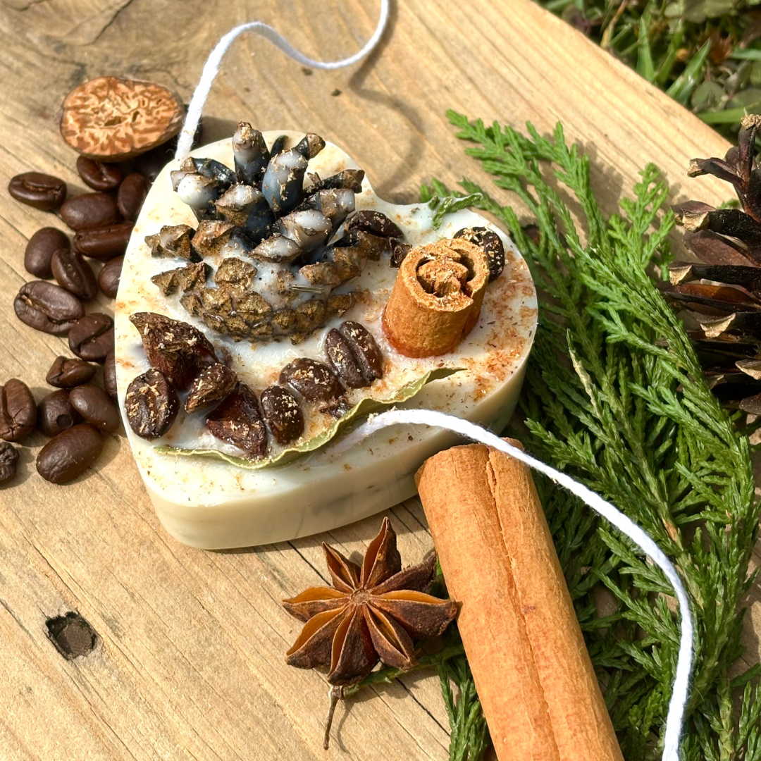 Coffee Lover Gifts and favors Espresso Scented Fire Starter in Heart Shape with real coffee beans, cinnamon, pine cones, star anise, cloves and evergreen.