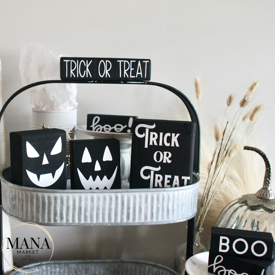 Halloween Wood Signs and Decor For Farmhouse Rustic Halloween Tiered Tray Set Black and White