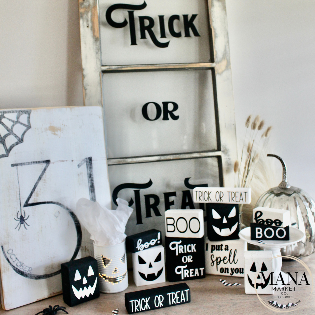 Halloween Wood Signs and Decor For Farmhouse Rustic Halloween Tiered Tray Set Black and White