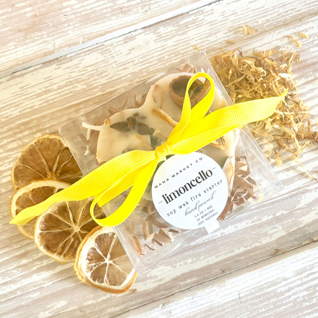 Limoncelllo Scented Heart Shaped Fire Starter Favor or Gift. Each Individually Boxed in Clear Box with Colored Ribbon and Tag. Use as a soy way scented sachet or wax melts.