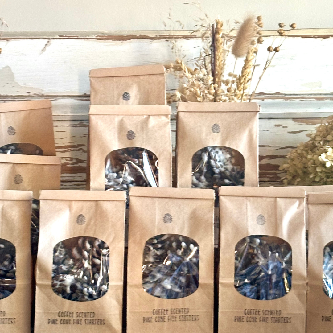 Coffee Scented Soy Wax Pine Cone Fire Starters in Coffee Bag with Label
