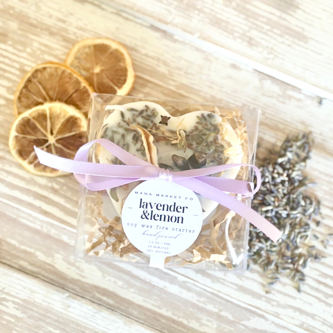 Lavender and Lemon Soy Wax Fire Starter Favors and Gifts Each one individually boxed in clear box with colored ribbon. Also use a scented sachet  and wax melts