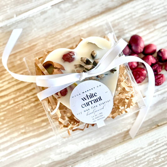 Rustic Wedding Favors  Heart Shaped White Currant Fire Starter Scented Sachet and Wax Melt Gifts Individually Boxed with colored Ribbon
