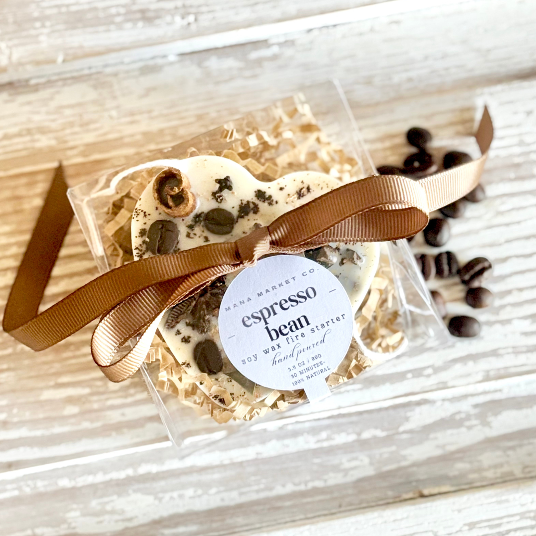 Espresso Bean Gifts and Favors Heart Shaped Fire Starter Soy Wax Sachet and Wax Melts Individually Boxed with colored ribbon great for coffee lovers
