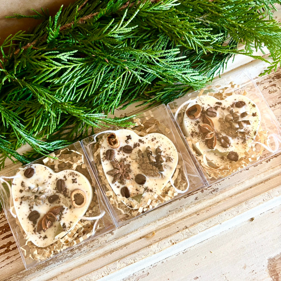 Espresso Bean Heart Shaped Fire Starter Gift or Favor Individually Boxed in Clear Box with colored ribbon. Use as a Scented Sachet or Wax Melts