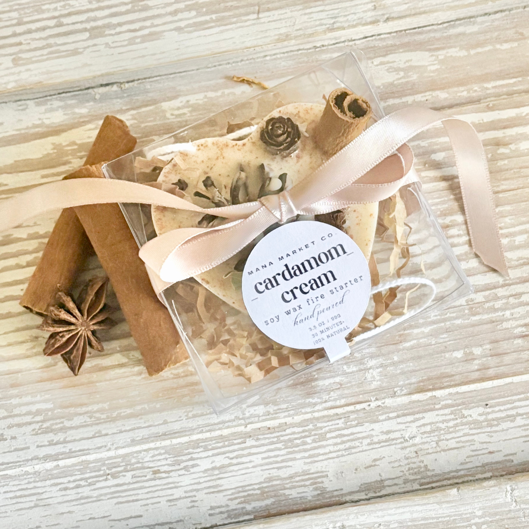 Scented Fire Starter Soy Wax Sachet Gift  in Heart Shape Wax Melt.  Cardamom Cream and 17 other scents to choose from. The perfect gift or favor
