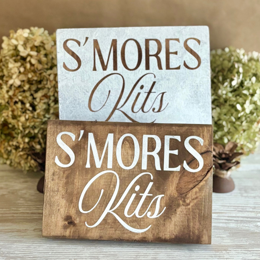 Rustic S'mores Kits Signs in Brown or White for Any Special Event.