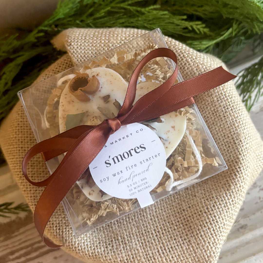S'mores Wax Melts Soy Wax S'mores Sachet and Fire Starter gifts and favors individually packaged and tired with colored ribbon and sticker 