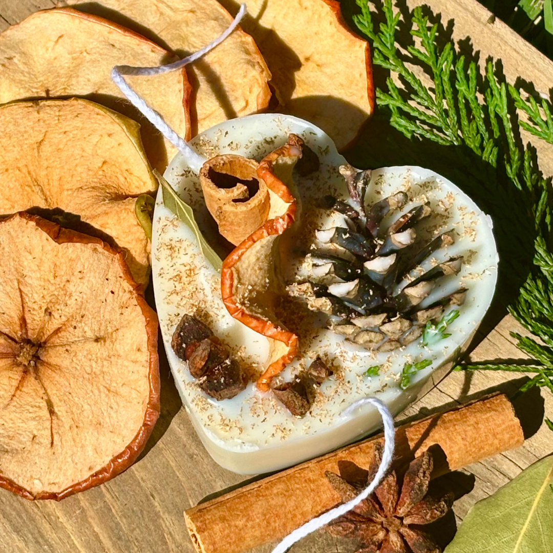 Apple Maple Bourbon Heart Shaped Fire Starter Gift or favor with real dried apples, pine cone, cinnamon sticks, star anise, cloves, bay leaf and evergreen 