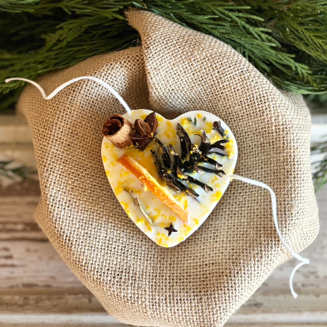 Orange and Clove Heart Shaped  Fire Starter Gift and Favors Individually Boxed with colored Ribbon . Scented Soy Wax Sachet and Wax Melts 