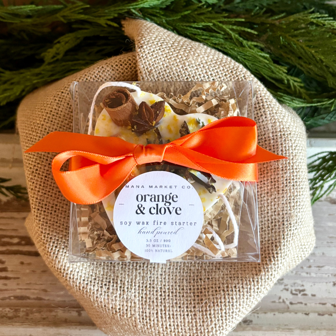 Orange and Clove Soy Wax Sachet Fire Starter and Wax Melt Favors and Gifts individually packaged with clear box and ribbon.