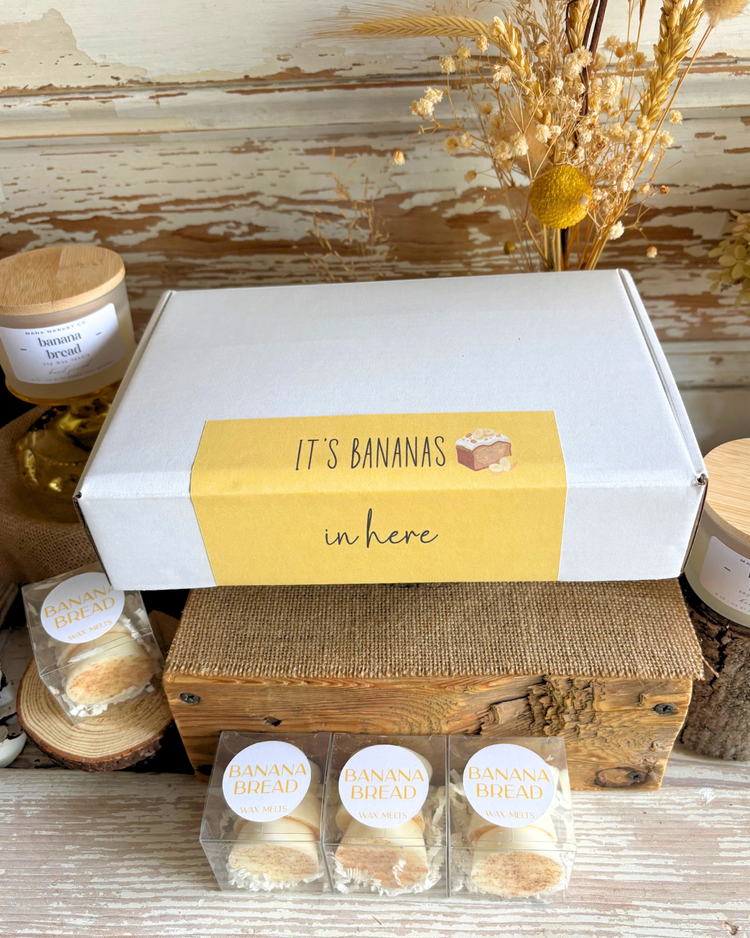 It's Bananas ~ Banana Bread Scented Hand Poured Soy Wax Candle, Wax Melts & Mini Fire Starter Banana Bread Recipe Card Gift Box ~