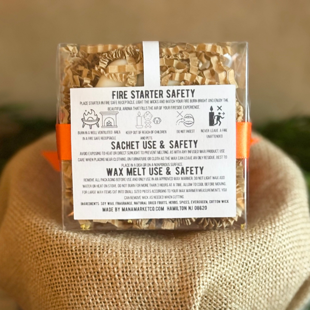 Scented Fire Starter Soy Wax Sachet and Wax Melt Gift and Favors Individually Packaged with colored ribbon
