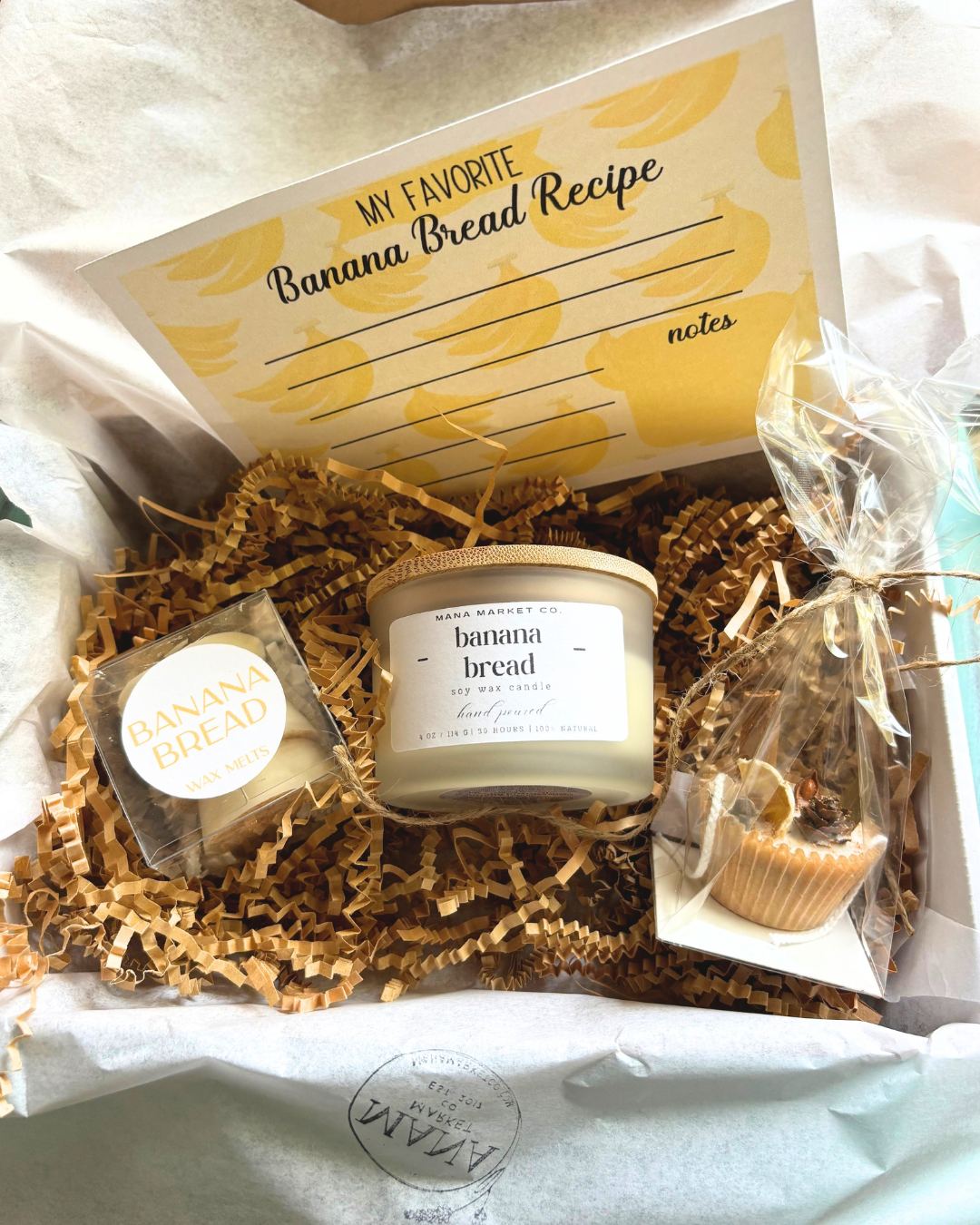 It's Bananas ~ Banana Bread Scented Hand Poured Soy Wax Candle, Wax Melts & Mini Fire Starter Banana Bread Recipe Card Gift Box ~