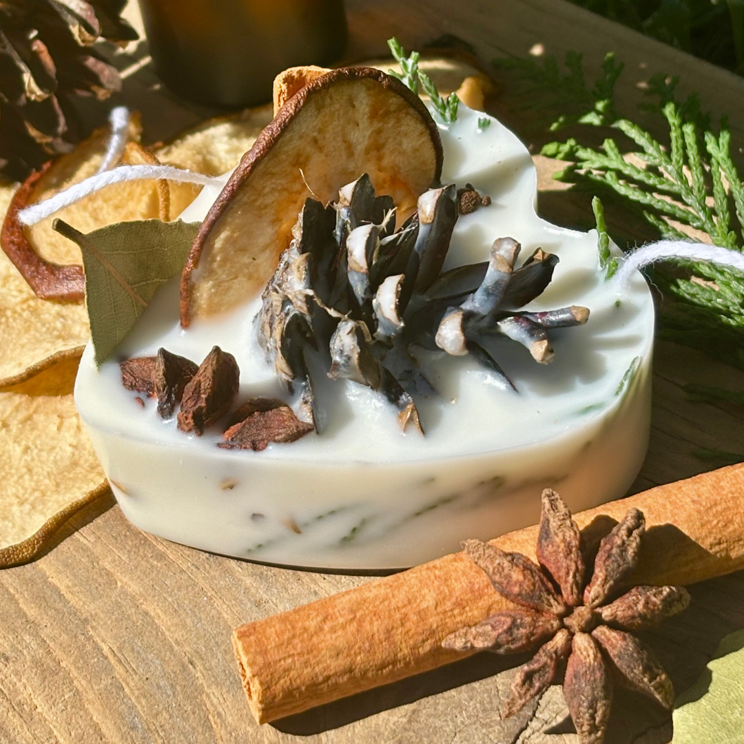 Scented Heart Fire Starter Gift with real dried pears, cinnamon sticks, pine cones, star anise, bay leaves, evergreen, and cloves for a beautiful scented fire 