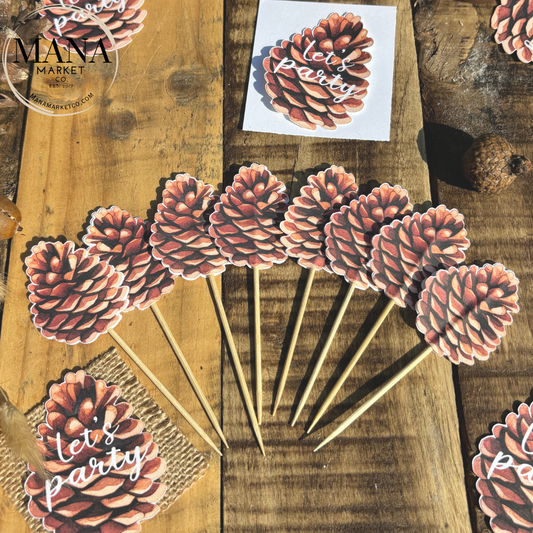 Pinecone Cupcake Toppers for Woodland Theme Celebration Holiday Party Decor Food Picks Cake Topper