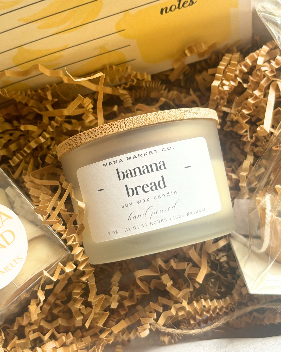 It's Bananas ~ Banana Bread Scented Hand Poured Soy Wax Candle, Wax Melts & Mini Fire Starter Banana Bread Recipe Card Gift Box ~