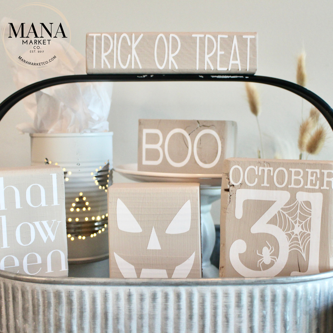 Boho Halloween Signs and Decor For Farmhouse Rustic Halloween Tiered Tray Set Beige Halloween Decor,